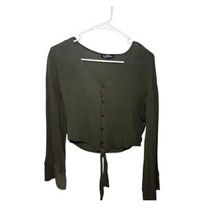 Freshman Olive Green Button-Front Tie Crop Blouse